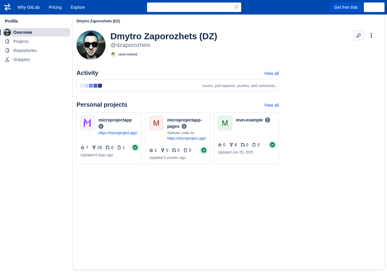 GitLab profile page skinned as Bitbucket