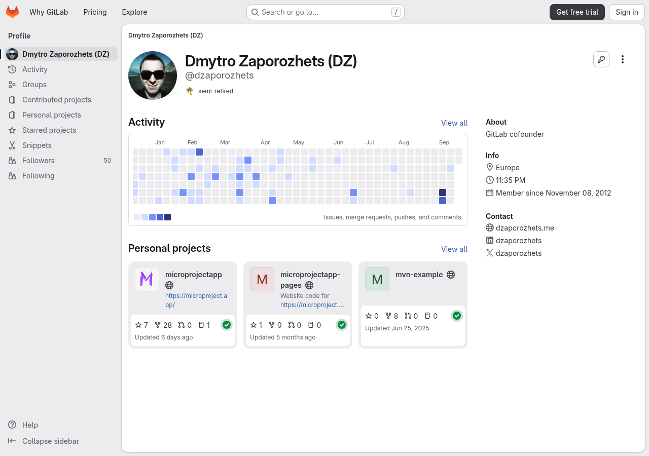 GitLab profile page, default