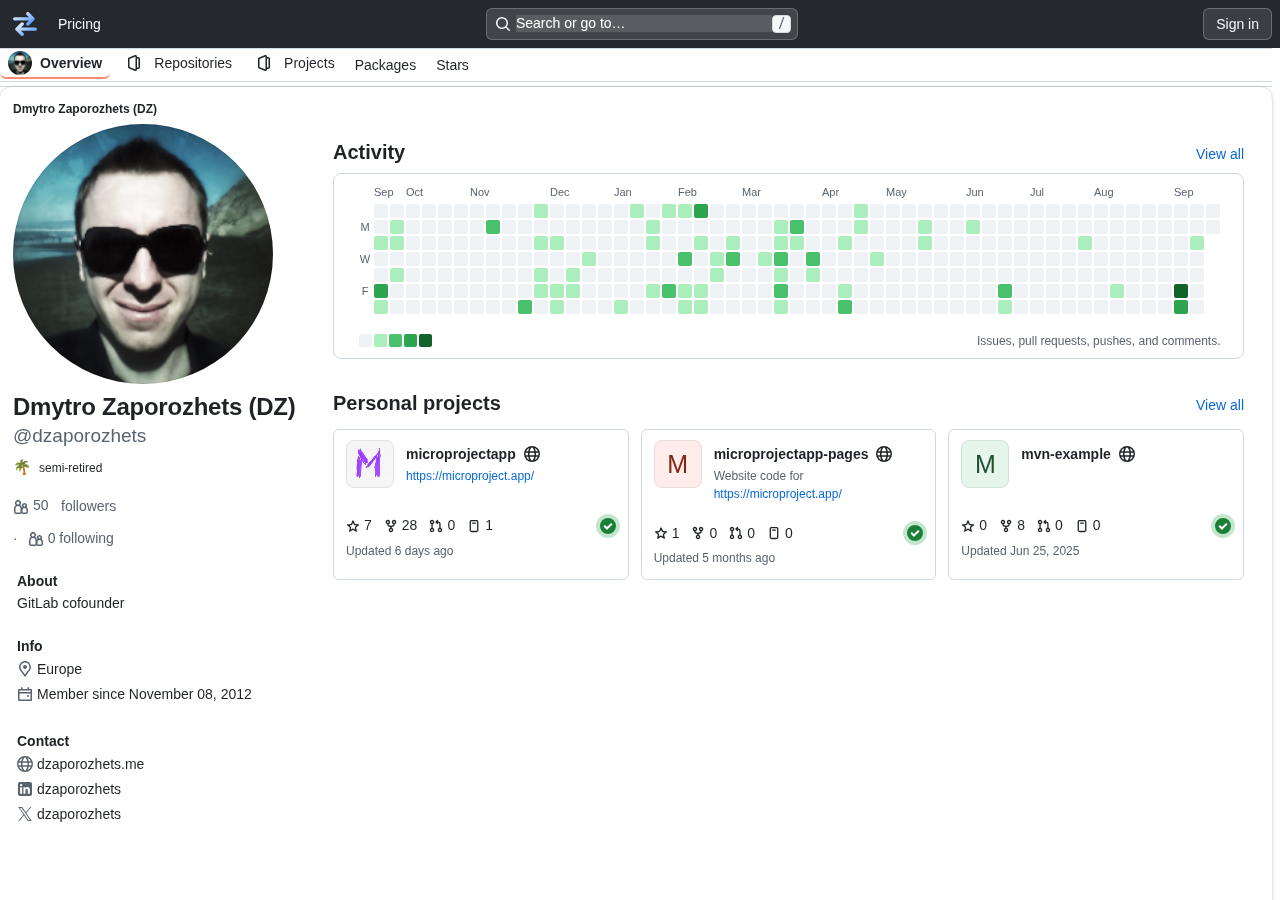 GitLab profile page skinned as GitHub